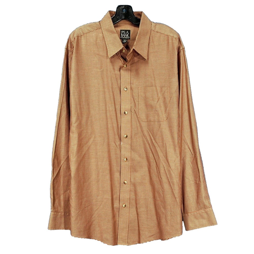 JOS A BANK Slim Fit EARTHY RUSTY ORANGE Plaid TWILL 1-Pocket BUTTON-UP Shirt XL